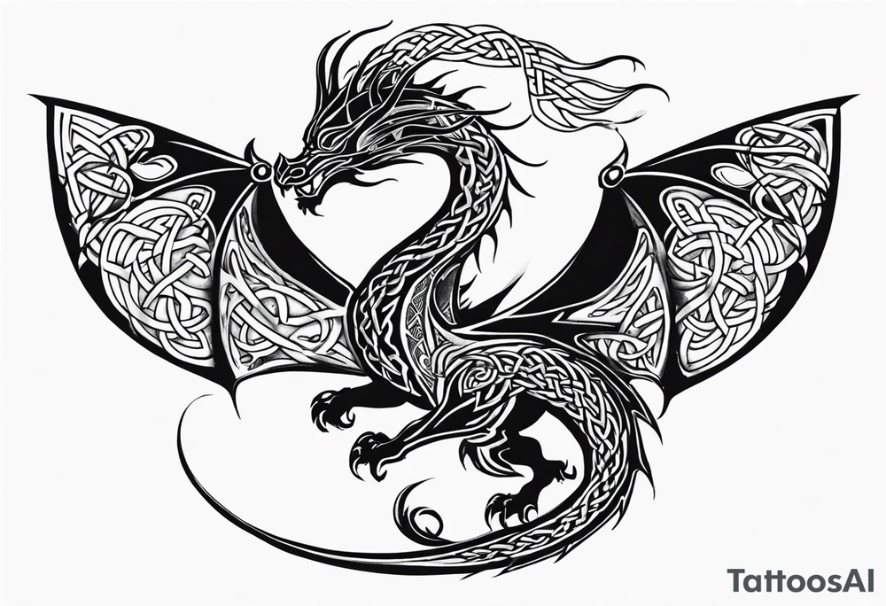 Celtic dragon tattoo with head on chest and tail that wraps over trapezius onto back tattoo idea