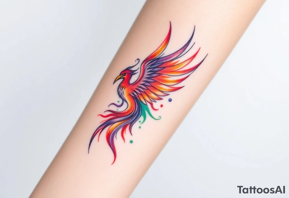 Phoenix with blazing flames with purple, orange, teal and green splashes tattoo idea