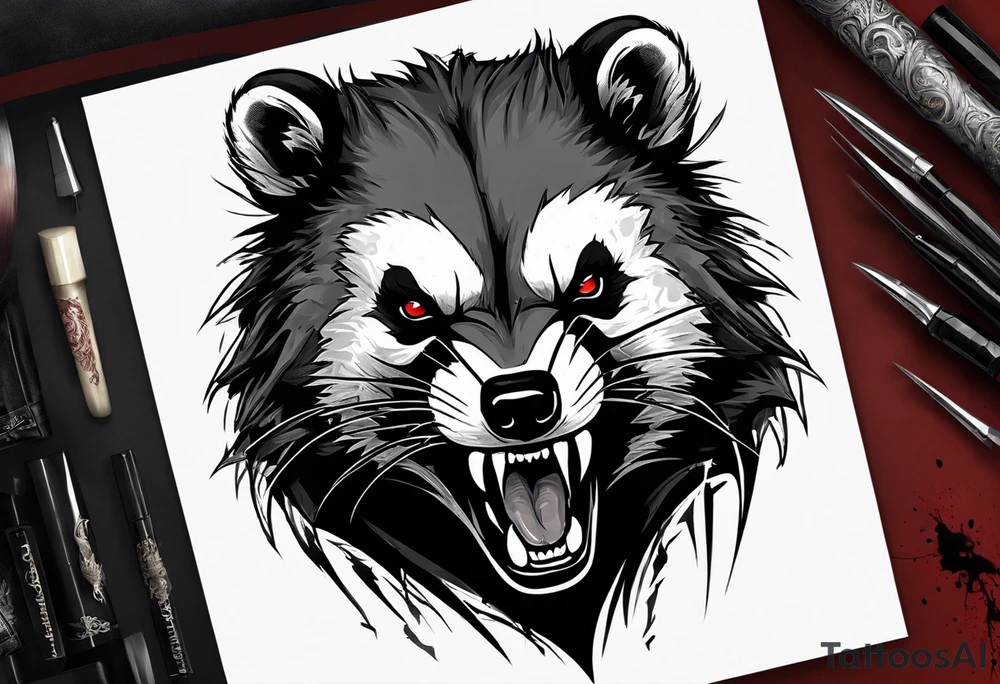 Draw me psychopath Badger/Wolverine with aggressive full body, killer face with a scary smile, very long nails and he attacks like a Bloody Assassin/Warrior/Gladiator to us and also, he has very deadly looking. He fights with his nails. Everybody scares after their first sight. Give me horror type Badger Tattoo. I want to see his Realistic full body. tattoo idea