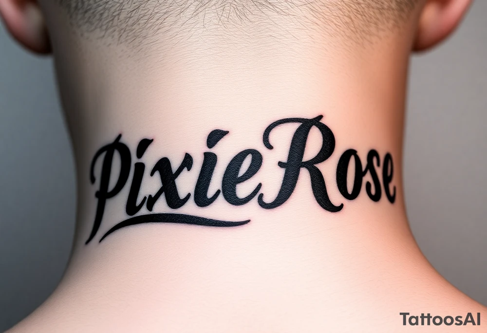 "PixieRose" in a gangsters Chicano calligraphy style font 
Tattoo idea above a man's eyebrow tattoo idea