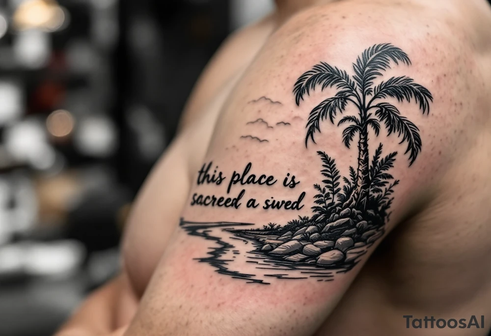 Hand written writing that says this place is sacred on a small breadfruit tree next to a river tattoo idea