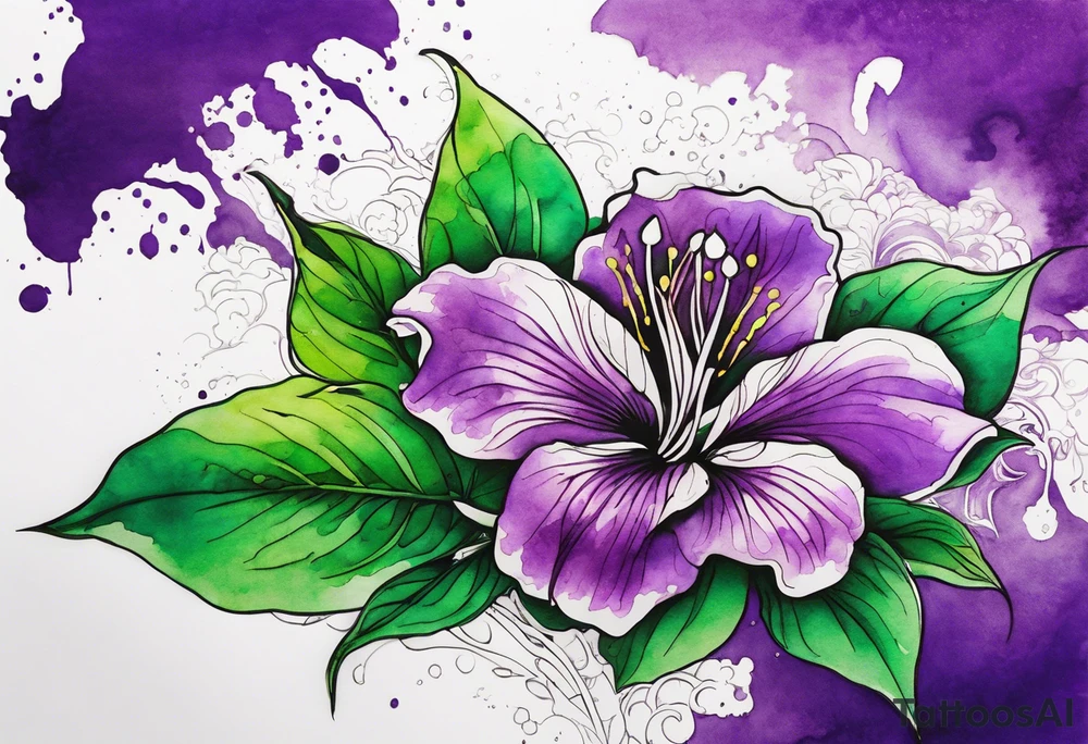 A mystical outline of a green and purple rio dipladenia flower and a green and purple watercolor splash in the background tattoo idea