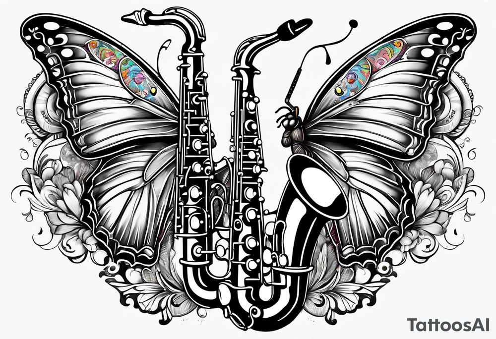 Saxophone, butterfly, rainbow, PACMAN tattoo idea