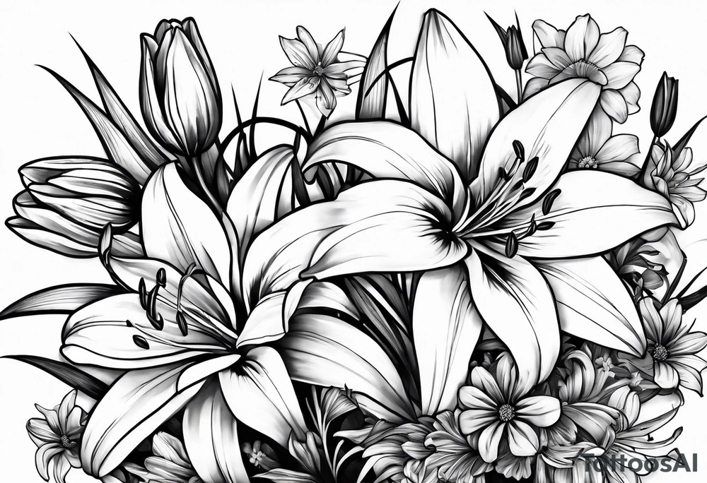 lily, marigold, tulip, cosmo, and aster tattoo idea