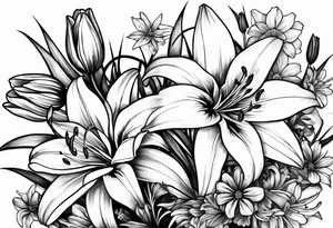 lily, marigold, tulip, cosmo, and aster tattoo idea