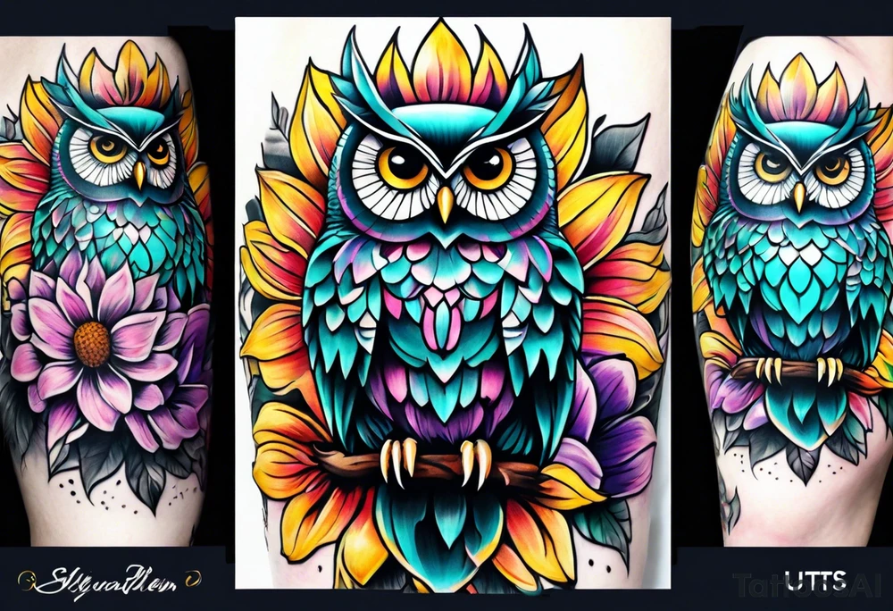 Leg Sleeve with black and white owl that's lightly shaded teal, pink and purple and yellow sunflowers tattoo idea