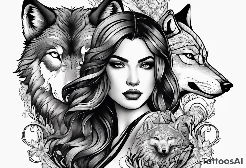 woman and wolf tattoo idea