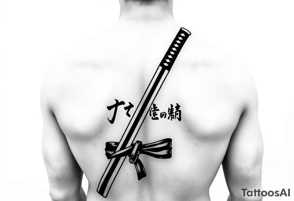 Katana with a black belt and fabled written in korean tattoo idea