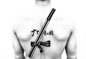 Katana with a black belt and fabled written in korean tattoo idea