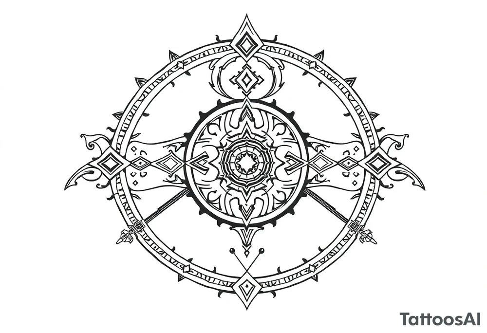 long shaman style mytical bold line with ancient rhyme tattoo idea