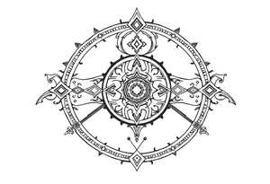long shaman  style mytical bold line with ancient rhyme tattoo idea
