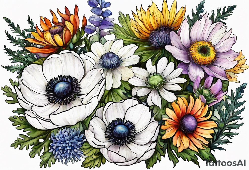 a white anemone with black center in the middle of equal sized mixed colorful wildflowers all with different shapes including thistles, ferns, ranuculus, and sun flowers all in watercolor tattoo idea