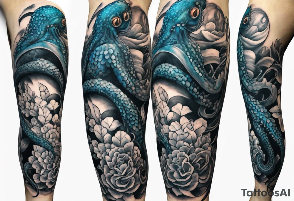 Lower leg sleeve. Large blue ring octopus holding mermaid tattoo idea Lower leg sleeve. Large blue ring octopus holding mermaid tattoo idea