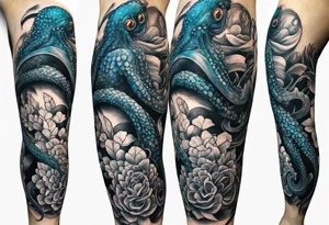 Lower leg sleeve. Large blue ring octopus holding mermaid tattoo idea