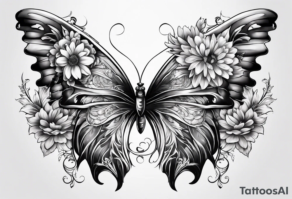 Half butterfly half angel wings with chrysanthemum flower tattoo idea