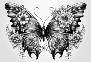 Half butterfly half angel wings with chrysanthemum flower tattoo idea