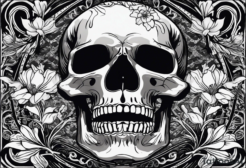 Tarot card 15cm x 10cm with Vincent Van Gogh's painting Skull with a Burning Cigarette. The boarders of the tarot card should be simple with spider lilies in each corner The smoke from the cigarette should go beyond the boarder. tattoo idea