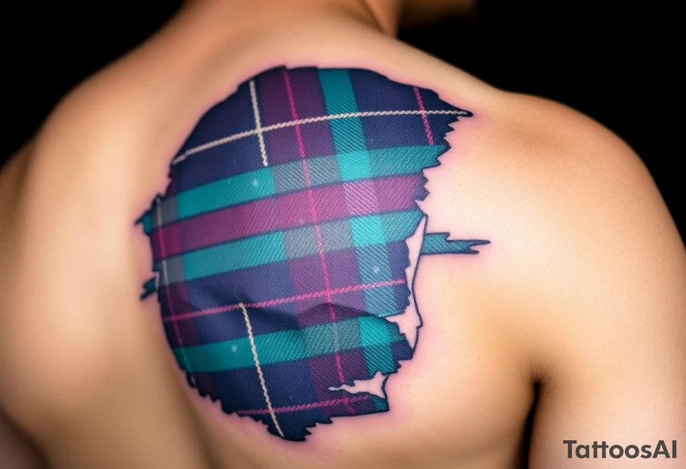 Side of arm Dark Purple with green pink blue and white highlights tartan fabric with skin peeling away at edges tattoo idea