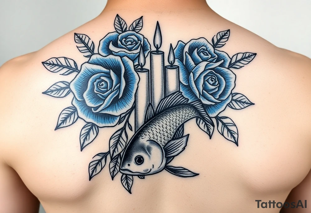 Blue roses and candles, water, fish tattoo idea