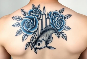 Blue roses and candles, water, fish tattoo idea