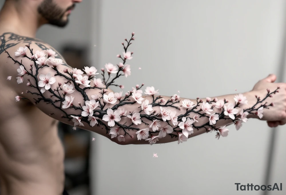 delicate cherry blossoms swirling in spring breeze with petals tattoo idea
