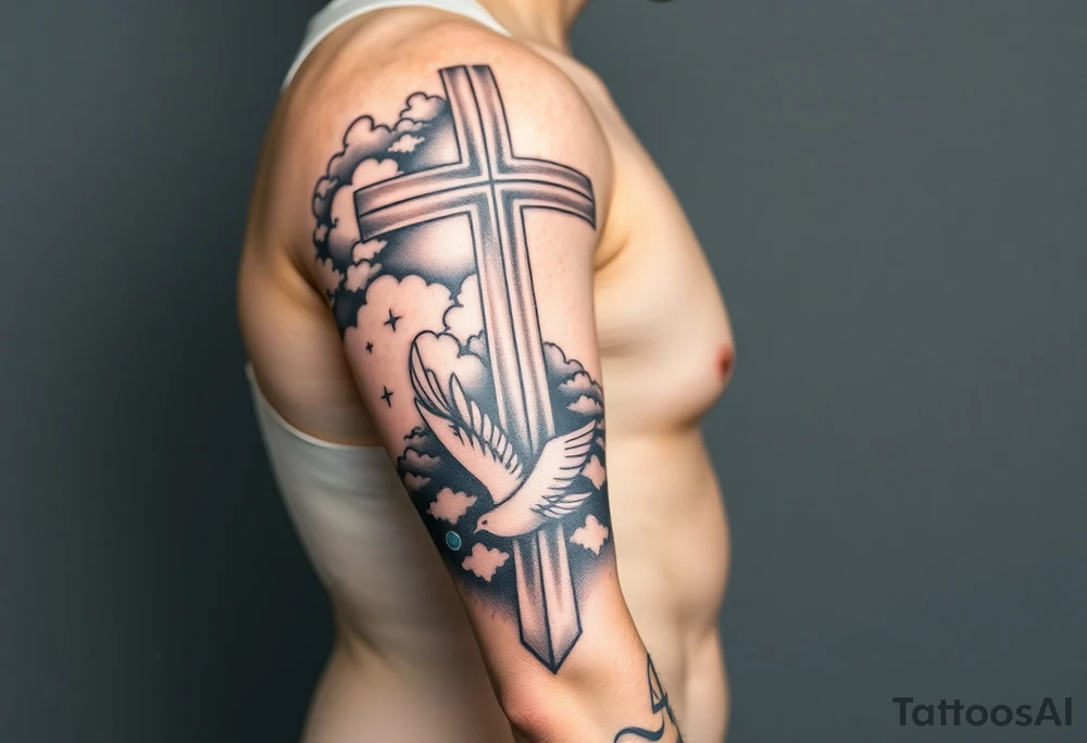 Big cross with clouds in the back with a dove a the bottom left of the forearm with a blue circle around it and the number 4 to the of the dove. tattoo idea