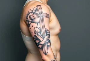 Big cross with clouds in the back with a dove a the bottom left of the forearm with a blue circle around it and the number 4 to the of the dove. tattoo idea
