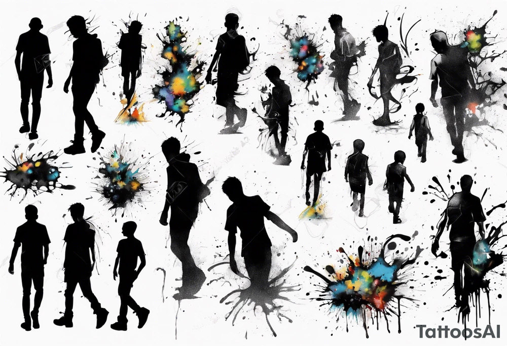 Paint splash drawing a lost boy walking alone tattoo idea
