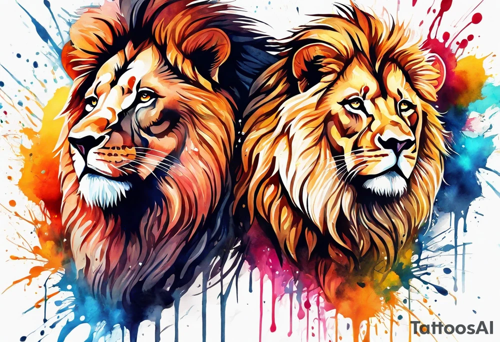 Water Colour splash back. Male and Female. Lions. Power and love. One protecting the other tattoo idea