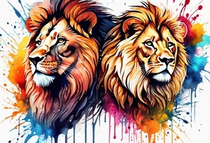 Water Colour splash back. Male and Female. Lions. Power and love. One protecting the other tattoo idea