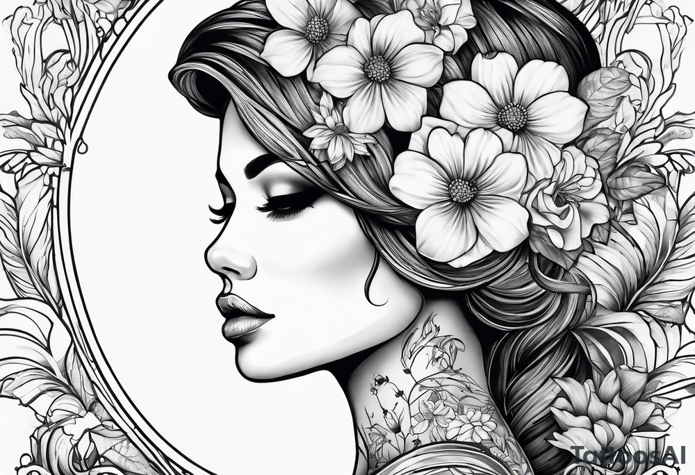 fine line tattoo with woman with flowers growing out of her head tattoo idea