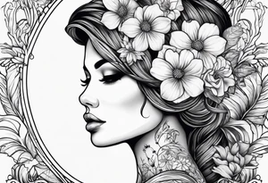 fine line tattoo with woman with flowers growing out of her head tattoo idea