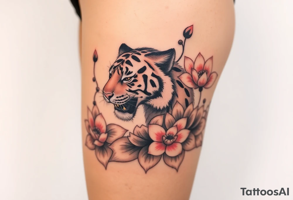 fierce tiger emerging through blooming lotus flowers in mist tattoo idea