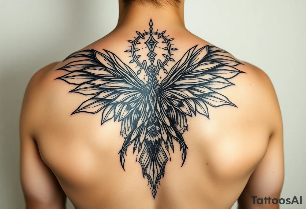 maximalist, cyber sigilism, organic touches, back tattoo, whimsical, witchy, hippie, fairy wing like, maximalistic, very very complex and big, detailed tattoo idea