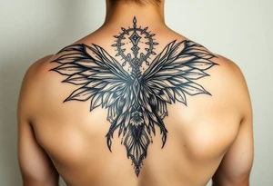 maximalist, cyber sigilism, organic touches, back tattoo, whimsical, witchy, hippie, fairy wing like, maximalistic, very very complex and big, detailed tattoo idea