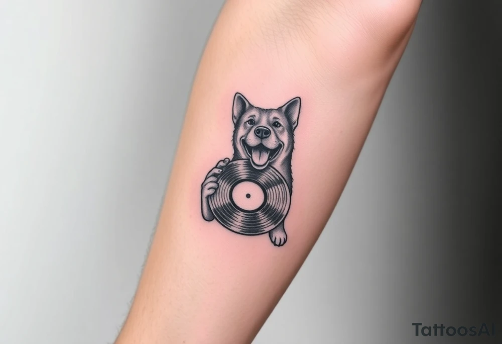 happy dog holding a vinyl record tattoo idea