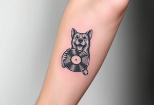 happy dog holding a vinyl record tattoo idea