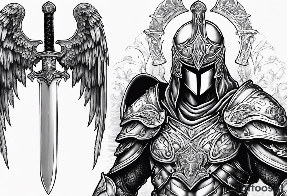 Arch angel hood fighting sword male full body heavenly armor tattoo idea