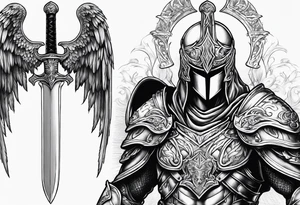 Arch angel hood fighting sword male full body heavenly armor tattoo idea