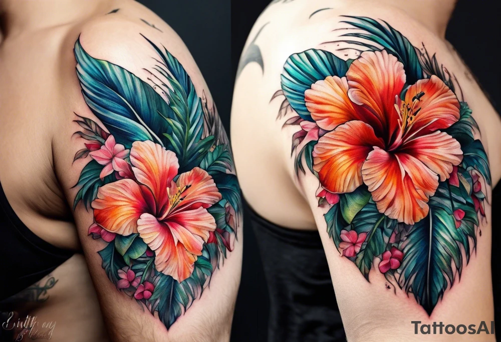sea, flower, palm tattoo idea