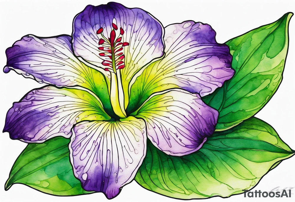 An outline of a rio dipladenia flower with green pedals and a purple watercolor splash in the background tattoo idea