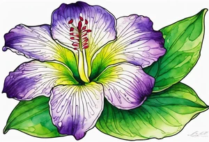 An outline of a rio dipladenia flower with green pedals and a purple watercolor splash in the background tattoo idea