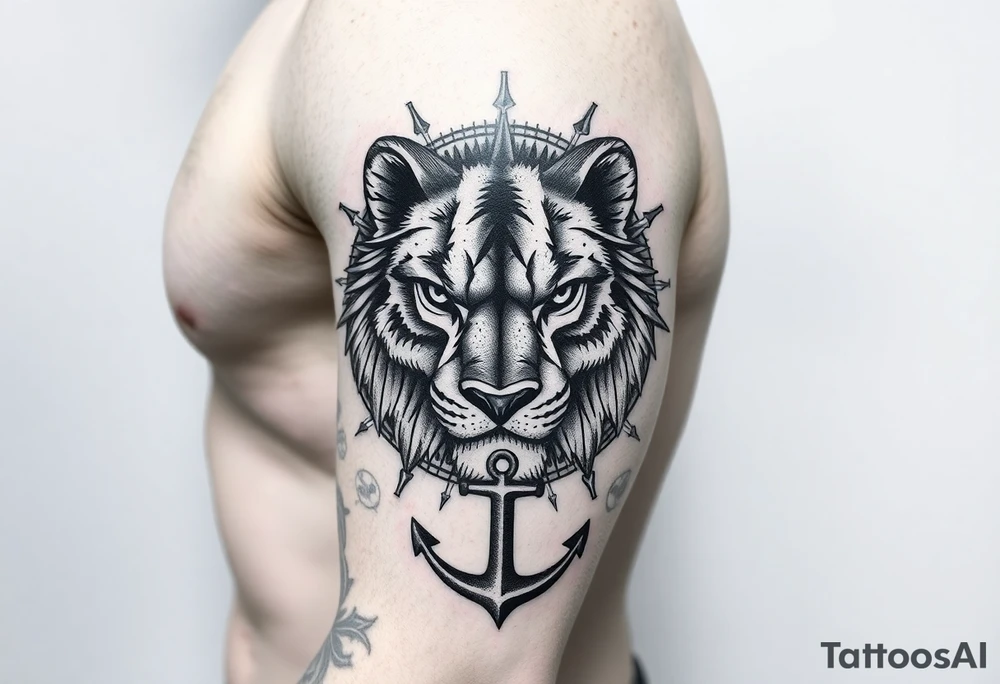 a fragmented illustration depicting a lions face revealing the eyes and face of both a Wolf and Bear, Compass Gears and an Anchor tattoo idea