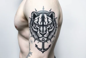 a fragmented illustration depicting a lions face revealing the eyes and face of both a Wolf and Bear, Compass Gears and an Anchor tattoo idea