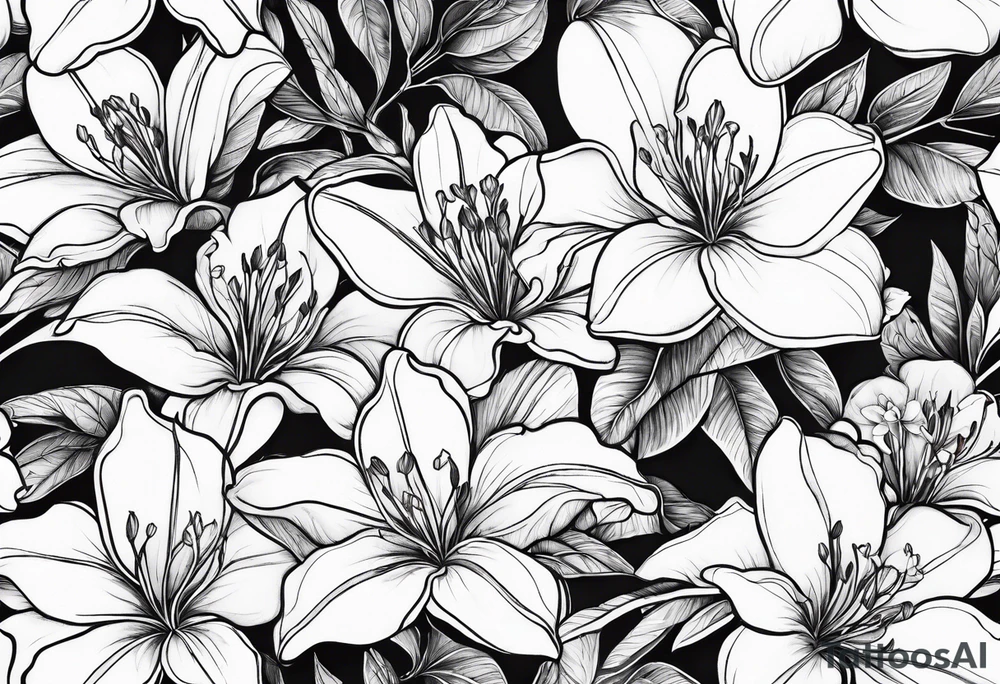 5-petal azaleas with buds along a long branch tattoo idea