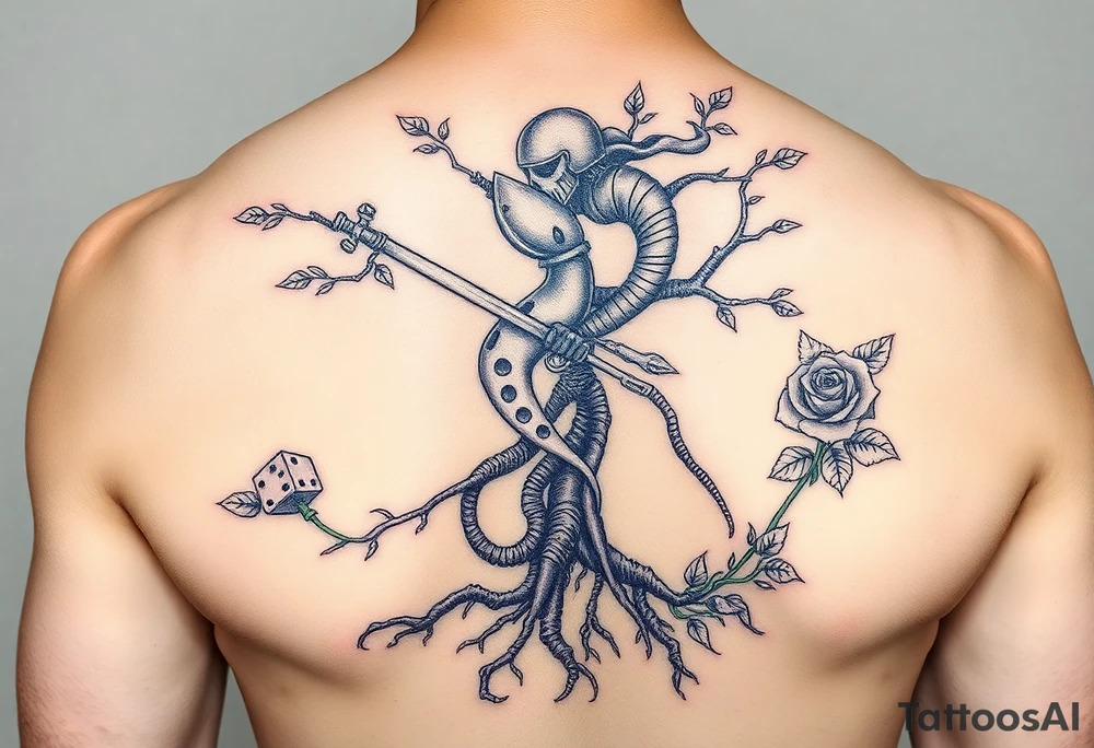 knight and squid intertwined with tree roots and roses rolling dice tattoo idea
