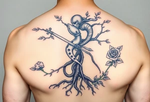 knight and squid intertwined with tree roots and roses rolling dice tattoo idea