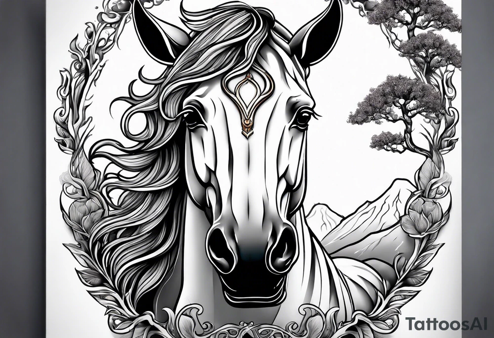 Realistic Horse and Yggdrasil tree tattoo idea
