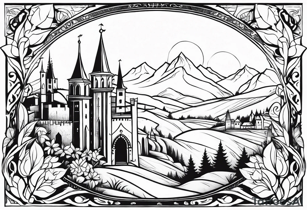 medieval tribal city 
floral  land  vignette tattoo idea