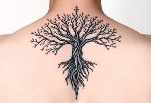 mystical tree of life with cosmic roots and celestial branches tattoo idea
